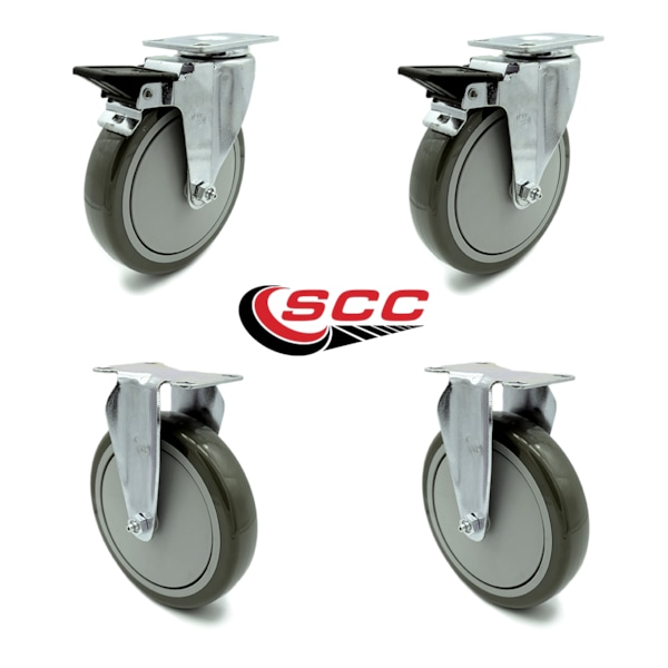 6 Inch Gray Polyurethane Swivel Top Plate Caster Set with 2 Brakes 2 Rigid SCC